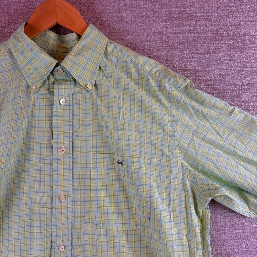 Lacoste Plaid Button Down Long Sleeved Shirt Men's 44 (XL) Green Yellow Check